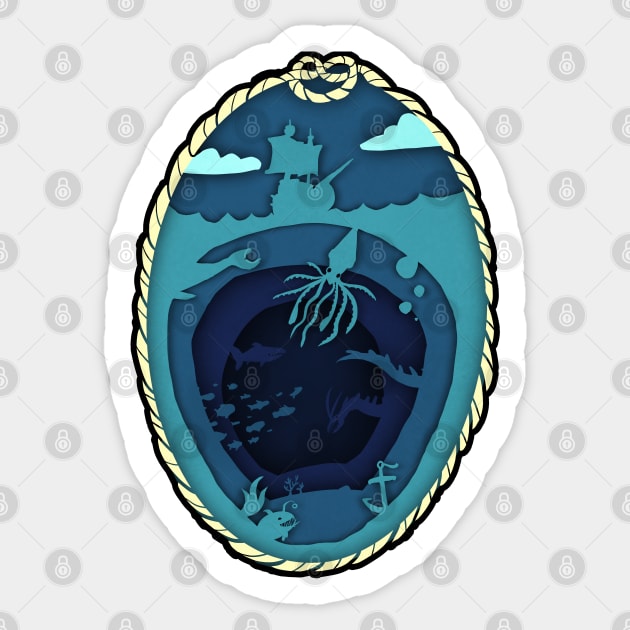 Deep Ocean Life on Layered Paper Sticker by narwhalwall